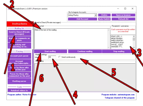 Instructions for setting up a program for sending Direct messages to Instagram users.