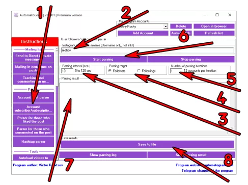 Instructions for setting up a program for parsing posts from an Instagram profile.