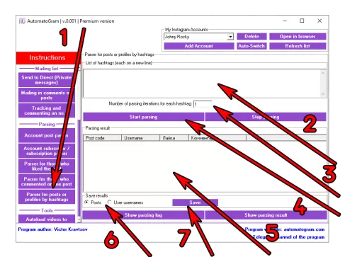 Instructions for setting up a free program for parsing posts or profiles using a list of Instagram hashtags