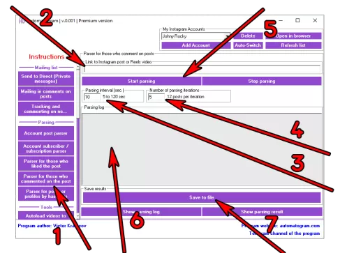Instructions for setting up a program for parsing posts from an Instagram profile.