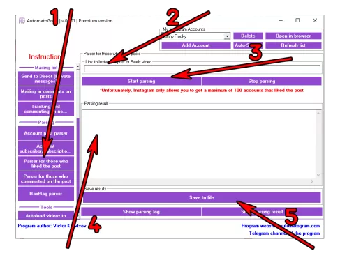 Instructions for setting up a program for parsing posts from an Instagram profile.
