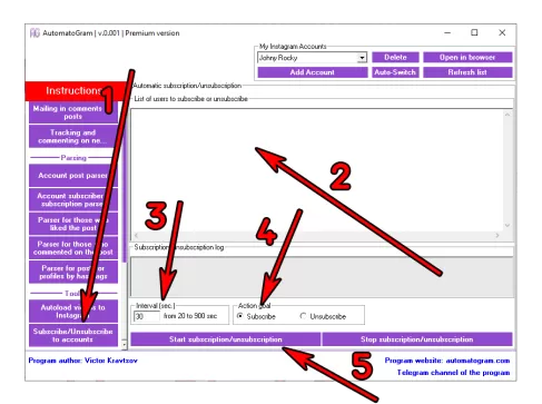 Instructions for setting up a free program for parsing posts or profiles using a list of Instagram hashtags